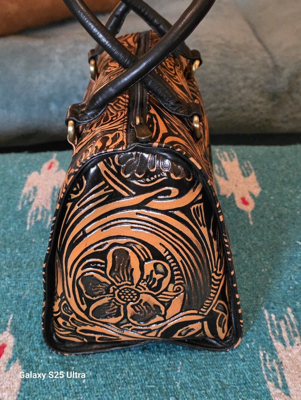 Floral Artisan Leather Speedy Satchel Burnt Copper & Black Western Crossbody - Picture 15 of 17